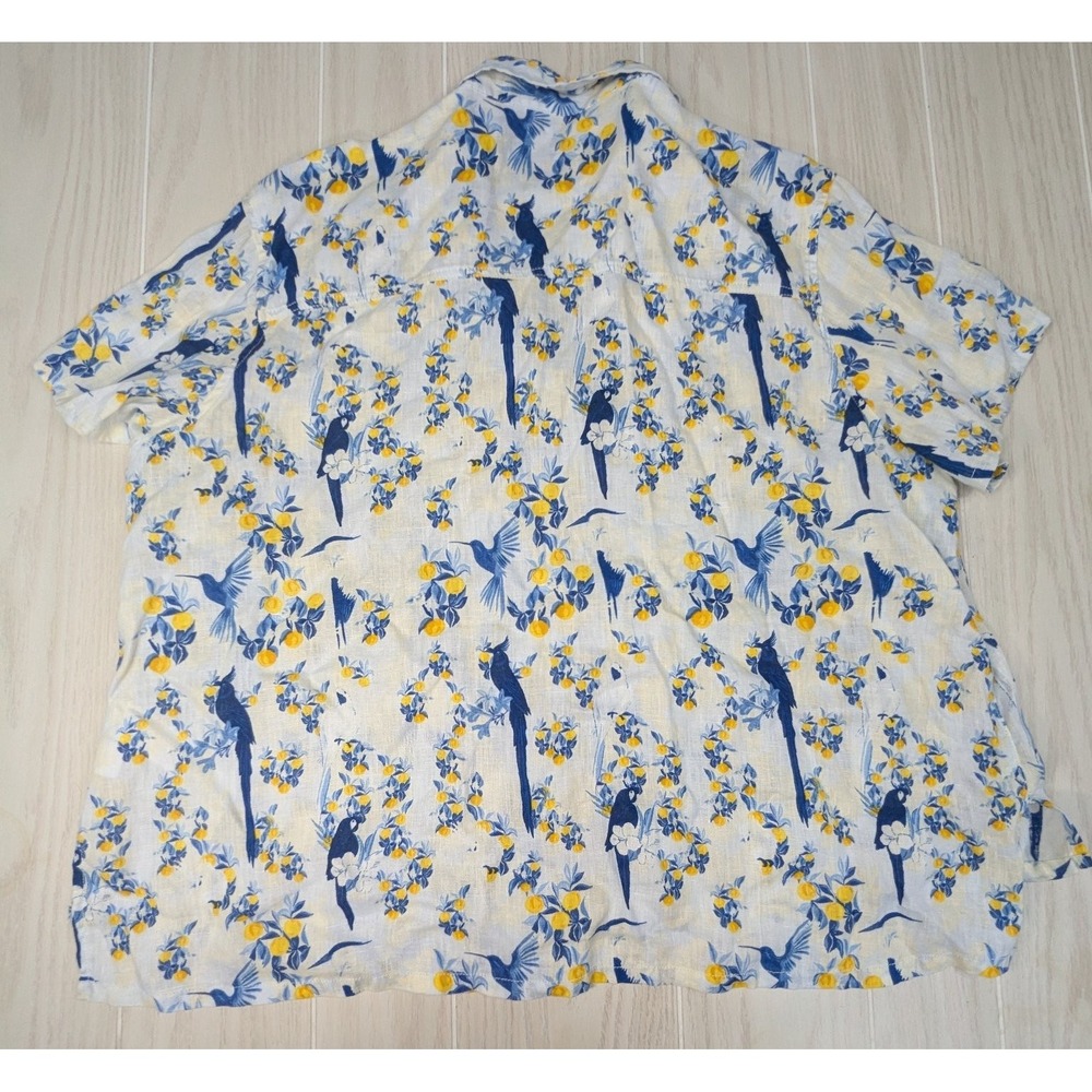 Isaac Mizrahi Women's Linen Button Front Shirt Blue Yellow 1X Floral Birds - Picture 9 of 9